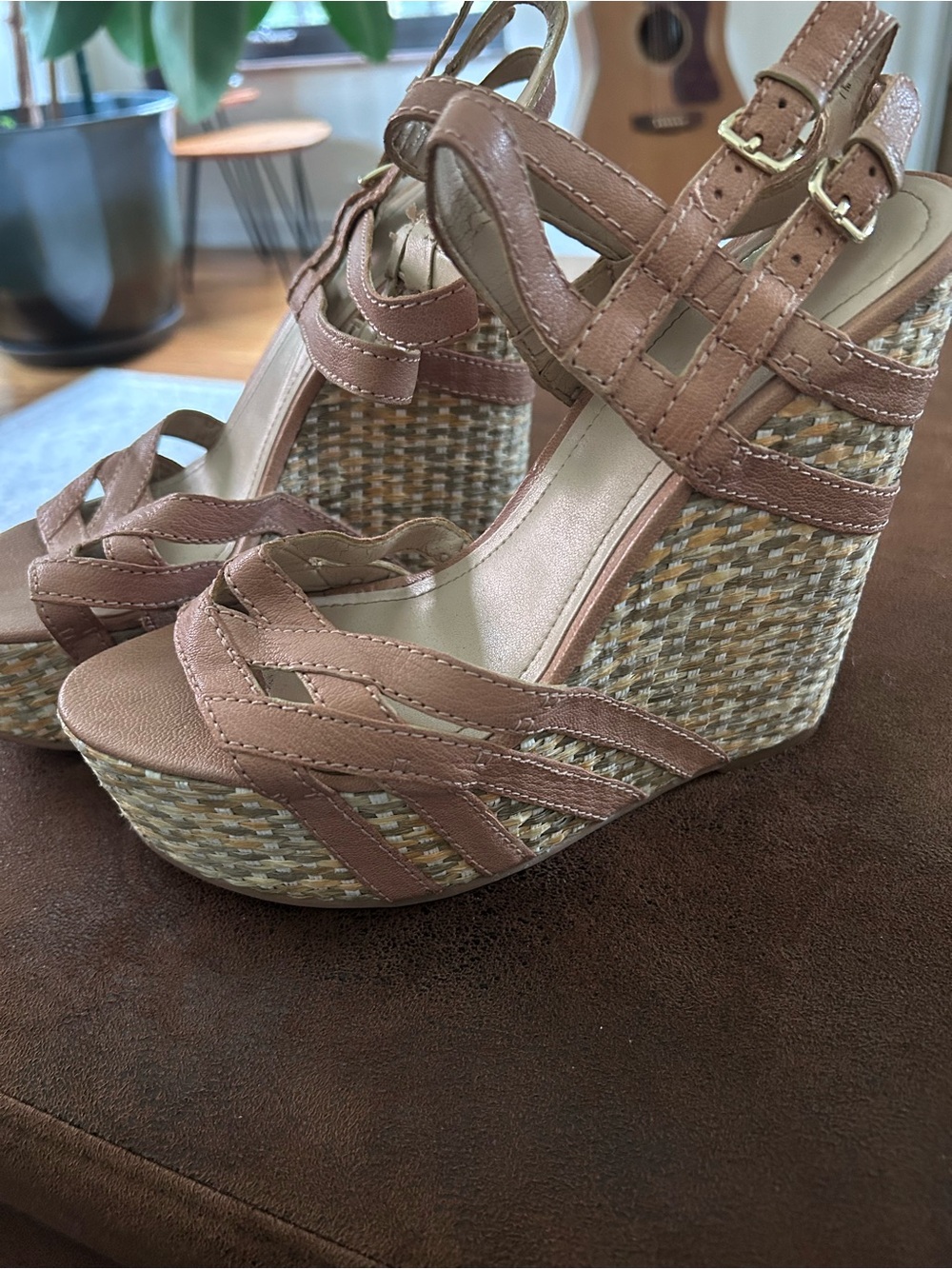 Nine West Tan Woven Platform Wedge Sandals